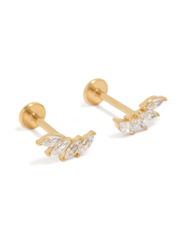 Stunning waterproof graduated marquise cubic zirconia flat back studs crafted from gold plated stainless steel front view