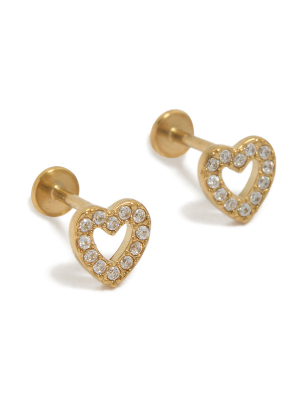 Showcasing waterproof gold plated stainless steel open heart studs with cubic zirconia and flat back closure front view