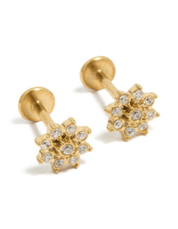 Featuring waterproof gold plated stainless steel cubic zirconia flower flat back studs front view - link has visual effect only