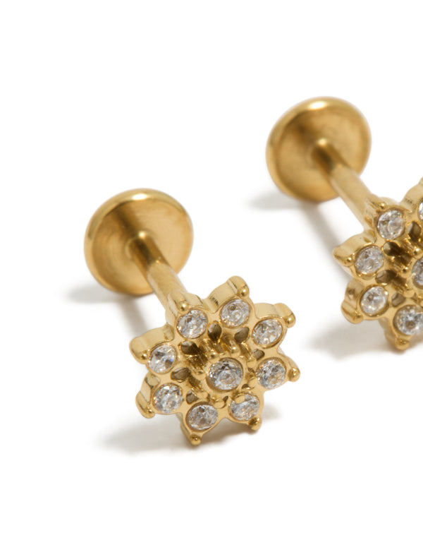 Showcasing waterproof gold plated stainless steel cubic zirconia flower flat back studs in close up view