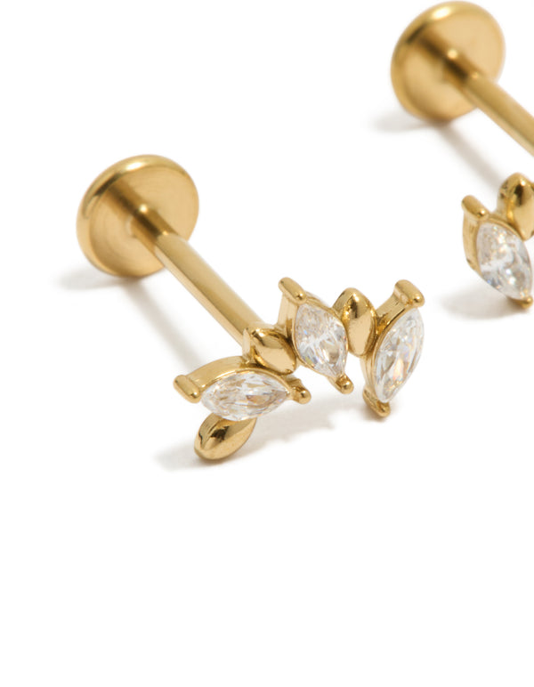 Featuring waterproof gold plated stainless steel cubic zirconia mismatched flat back stud earrings with dainty style and crystal design in close up view
