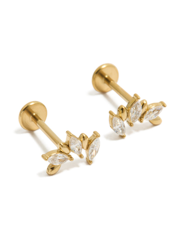 Showcasing waterproof gold plated stainless steel cubic zirconia mismatched flat back stud earrings with dainty style and crystal design in front view