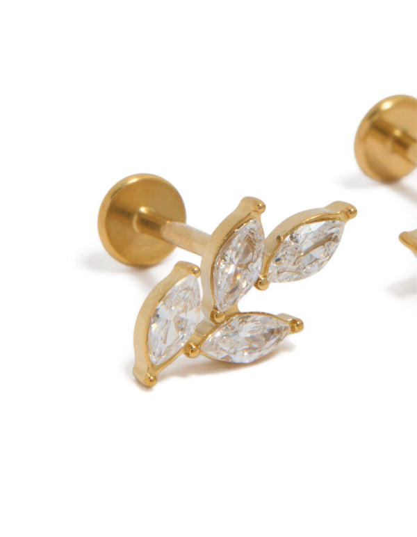 Stylish waterproof gold plated stainless steel large cubic zirconia vine flat back studs with leaf design in clear close up view