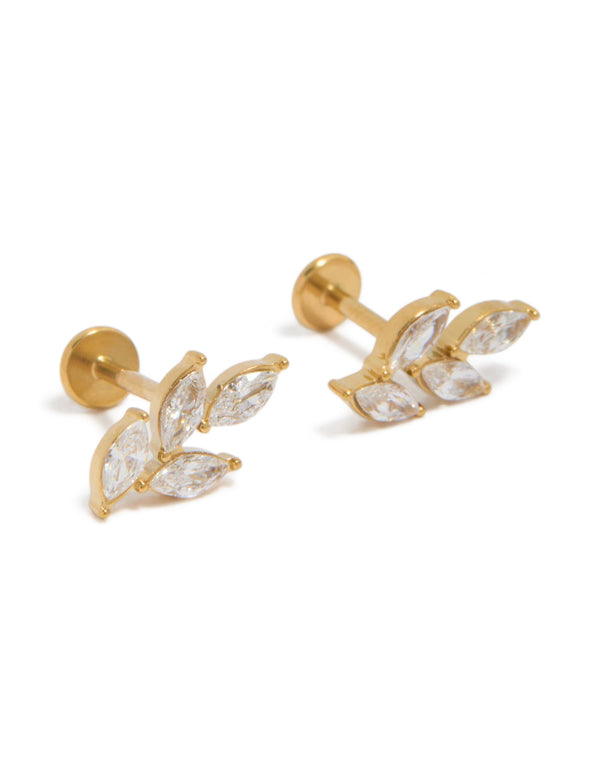 Discover waterproof gold plated stainless steel large cubic zirconia vine flat back studs featuring leaf elements in clear front view