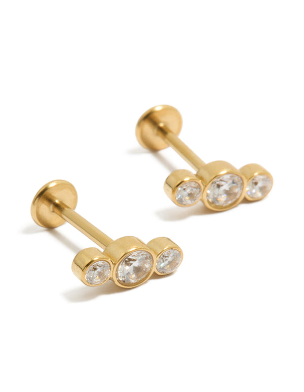 Discover waterproof gold plated stainless steel graduating bezel cubic zirconia flat back stud earrings front view