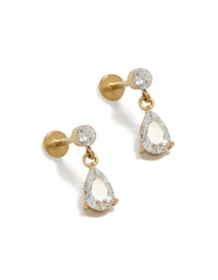 Showcasing waterproof gold plated stainless steel cubic zirconia pear flat back studs with dangle design front view - link has visual effect only