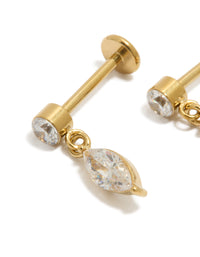 Waterproof gold plated stainless steel marquise drop flat back stud earrings in gold and clear close up view - link has visual effect only