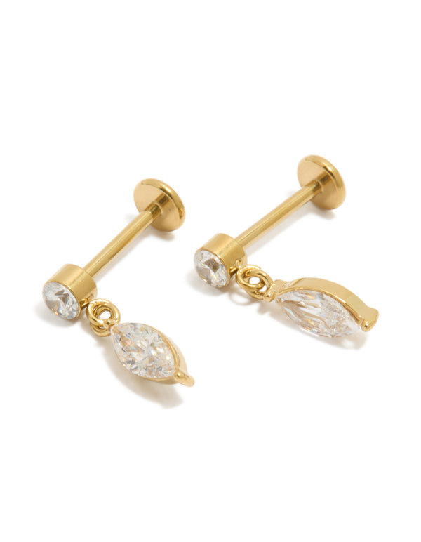 Elegant waterproof gold plated stainless steel marquise drop flat back stud earrings in gold and clear front view