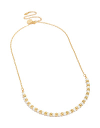 Stunning waterproof beaded necklace with alternating gold plated stainless steel balls and pearl front view - link has visual effect only