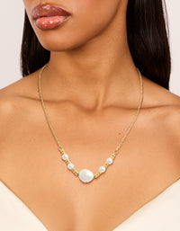 Stunning waterproof gold plated stainless steel pearls chain necklace with balls in statement style on neck view - link has visual effect only