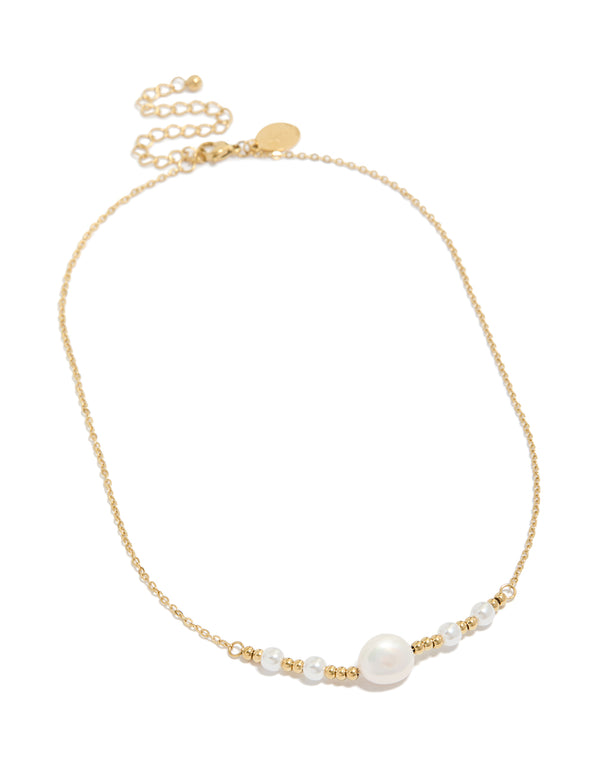 Stylish waterproof gold plated stainless steel pearls chain necklace featuring balls in statement design front view
