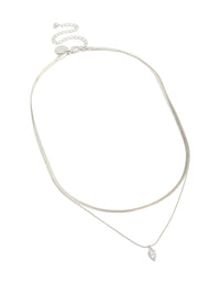 Introducing a waterproof stainless steel marquise cubic zirconia and snake chain necklace in silver featuring crystal front view - link has visual effect only