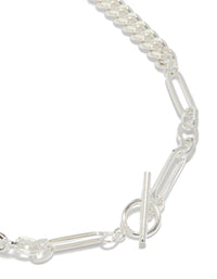 Showcasing a waterproof stainless steel long curb chain toggle necklace crafted from silver plated material in dainty style close up view - link has visual effect only