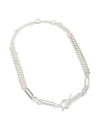 Elegant waterproof stainless steel long curb chain toggle necklace in silver plated material featuring dainty style front view - link has visual effect only