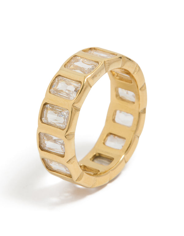 Featuring a waterproof gold plated stainless steel band ring with cubic zirconia in clear tone side detail view