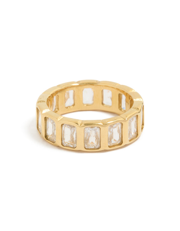 Showcasing a waterproof gold plated stainless steel band ring with cubic zirconia in clear tone front view
