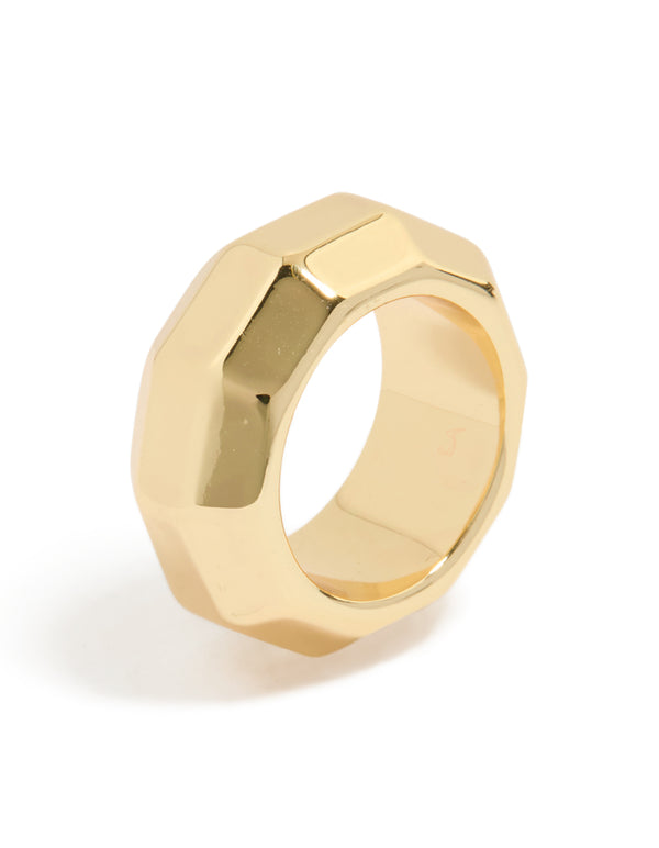 Showcasing a waterproof geometric square ring crafted from gold plated stainless steel in chunky style side detail view