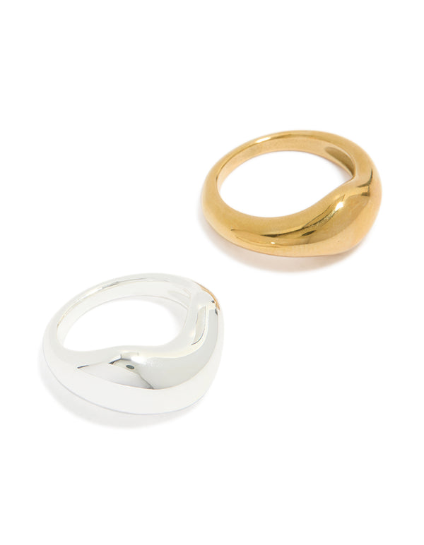 Waterproof gold and silver plated stainless steel organic bubble rings 2-pack front view