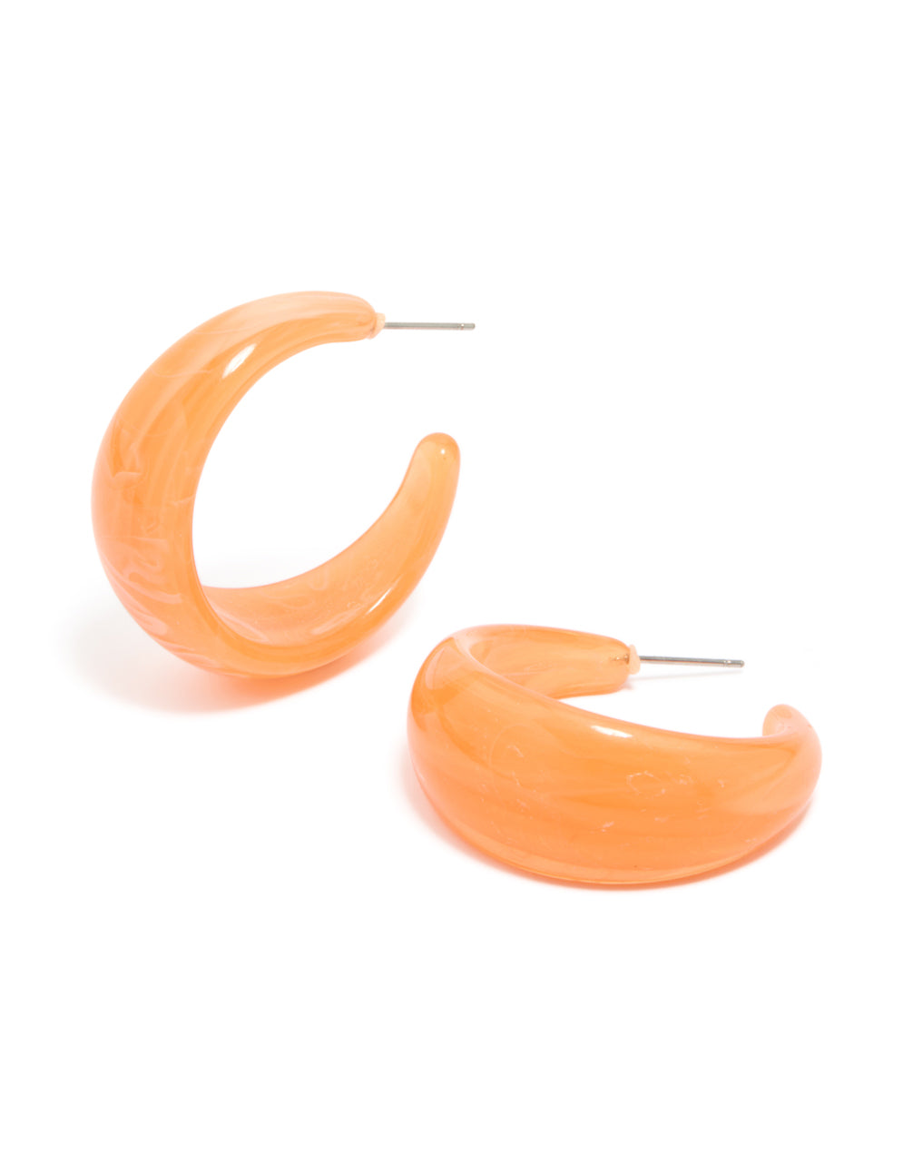 Showcasing statement orange acrylic hoop earrings with gold stud closure front view