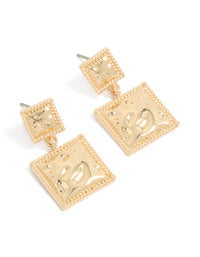 Showcasing gold vintage square double drop statement earrings front view - link has visual effect only
