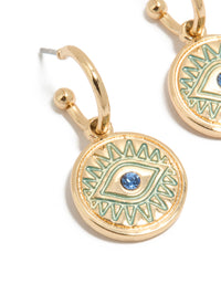 Crafted from gold, this dainty evil eye pendant huggie earrings features huggie closure and turquoise dodgerblue details close up view - link has visual effect only