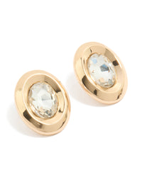 Elegant gold stud earrings featuring round and oval clear diamante stones in a polished setting front view - link has visual effect only