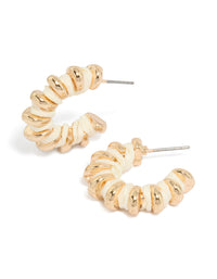 Statement hoop earrings featuring gold ribbed detailing with ivory yarn wrapping and round accents front view - link has visual effect only