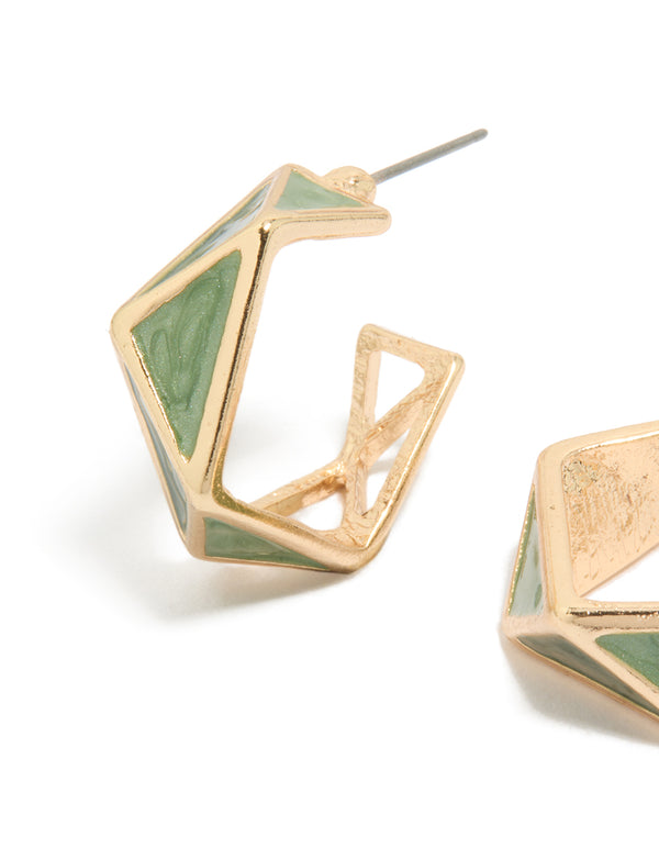 Featuring gold green geometric huggie earrings close up view