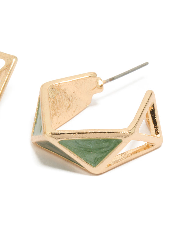 Crafted with gold green finish is this geometric huggie earrings post detail view