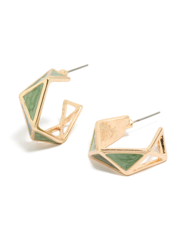 Discover gold green geometric huggie earrings front view
