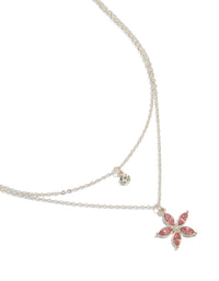Showcasing a clear and pink diamante flower layered necklace in silver close up view - link has visual effect only