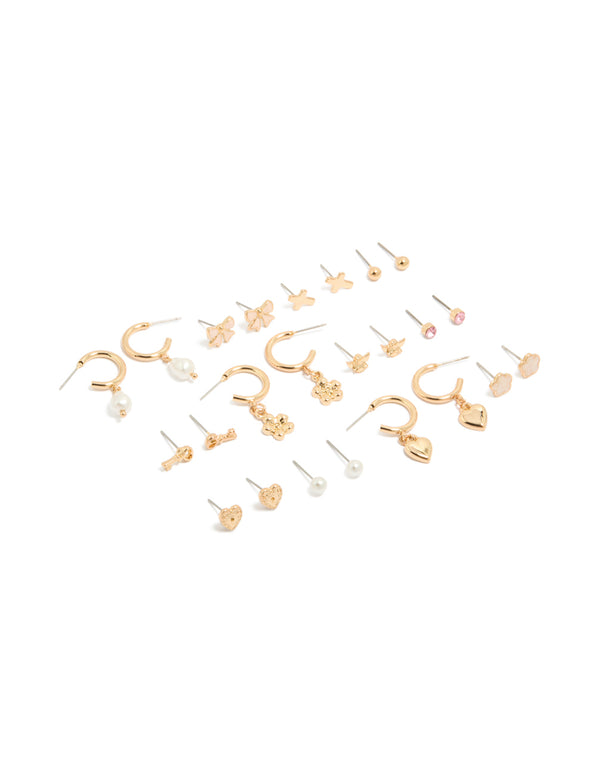Discover this dainty stud earrings 12-pack with featuring bow, cross, floral, balls and heart designs enamel crafted in gold with pearl accents white and pink details front view