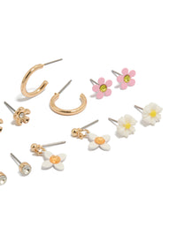 Crafted from gold with diamante and floral stud earrings in an 8-pack showcasing pink, white details close up view - link has visual effect only