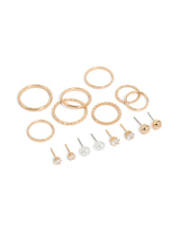 Showcasing dainty stud earrings featuring pearl and ball designs, along with rings in a 12-piece set with a gold finish front view - link has visual effect only