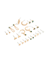 Showcasing a gold green diamante stud earrings 12-pack featuring pearl, heart and balls accents in huggie closures in white and gold tones front view - link has visual effect only