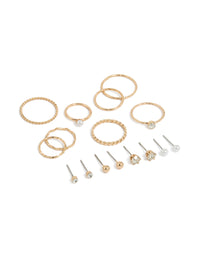Showcasing dainty stud earrings featuring pearl and ball designs, along with rings in a 12-piece set with a gold finish front view - link has visual effect only