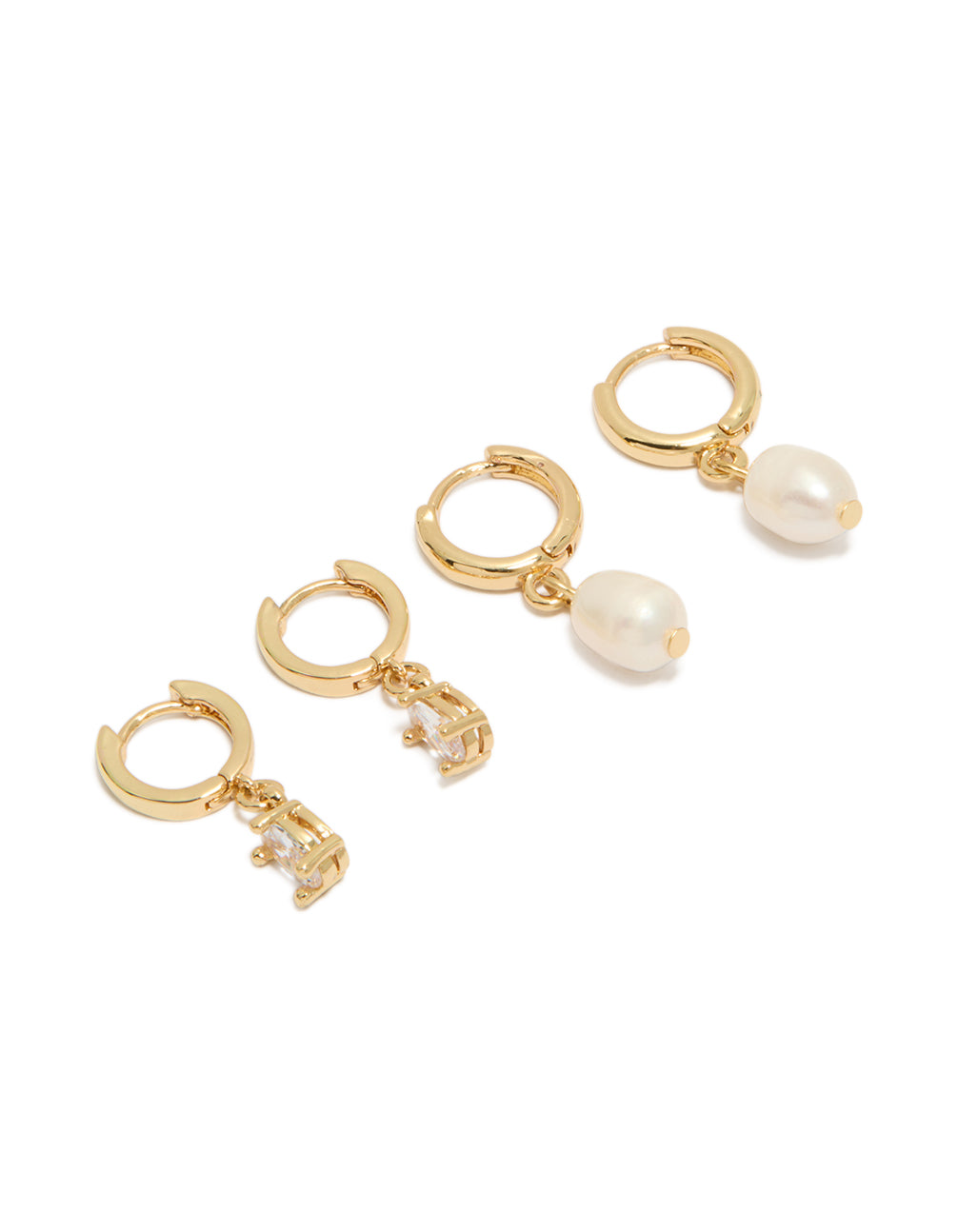 Featuring gold plated huggie earrings with pearl accents in a 2-pack featuring cubic zirconia and crystal details front view