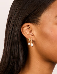 Gold Plated Cubic Zirconia & Pearl Huggie Earrings 2-Pack - link has visual effect only