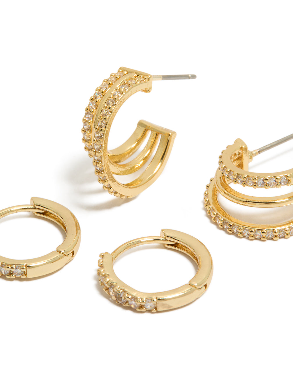 Crafted from gold plated cubic zirconia huggies and illusion hoop earrings in a 2-pack close up view