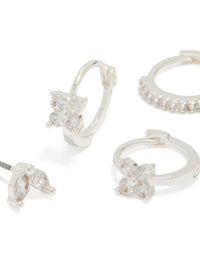 Silver Plated Flower Huggie & Leaf Stud Earrings 3-Pack - link has visual effect only