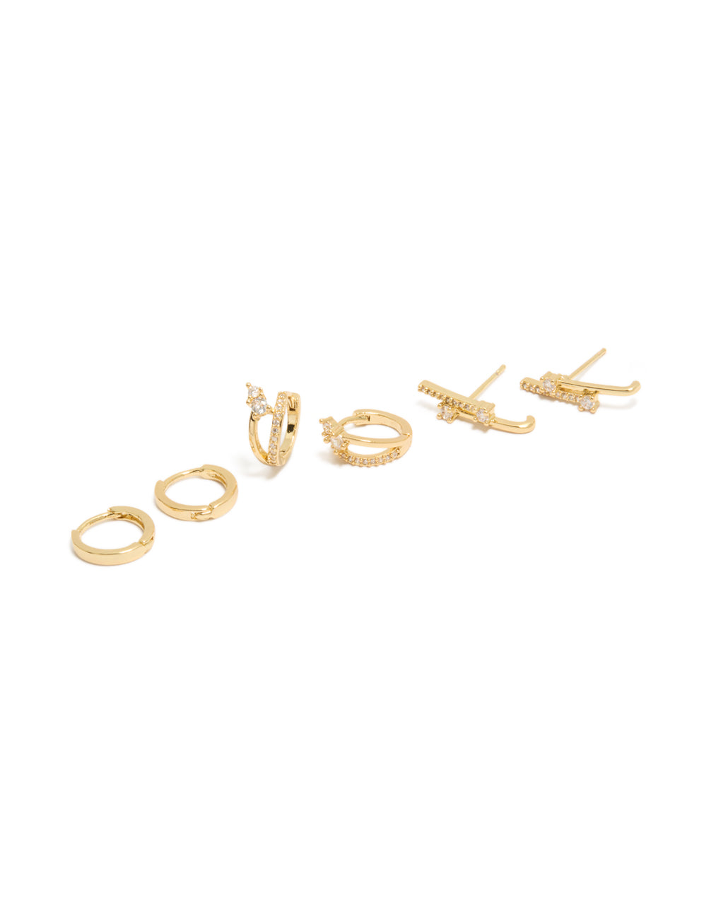 Featuring gold plated cubic zirconia studs and double cuff huggie earrings in a 3-pack, crystal accents, and clear color tones front view