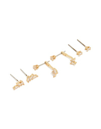 Showcasing gold plated cubic zirconia vine and ear jacket studs in a 3-pack featuring leaf design with marquise stone cut and stud closure front view - link has visual effect only
