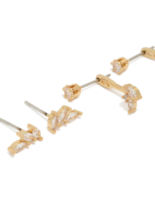 Elegant gold plated cubic zirconia vine and ear jacket studs in a 3-pack featuring leaf design with marquise stone cut and stud closure close up view