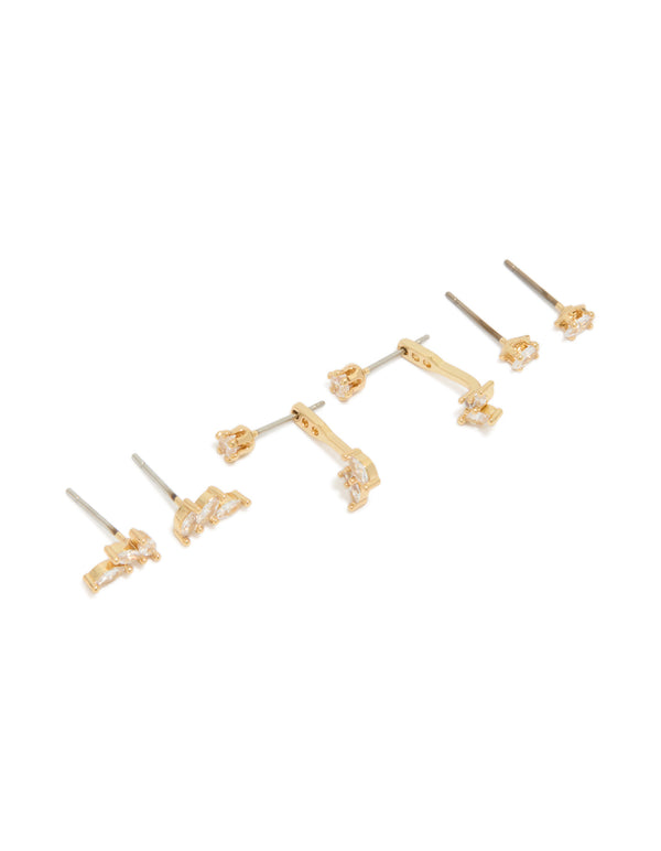Showcasing gold plated cubic zirconia vine and ear jacket studs in a 3-pack featuring leaf design with marquise stone cut and stud closure front view
