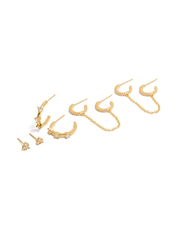 Gold Plated Cubic Zirconia  Studs & Hoop Earrings 4-Pack