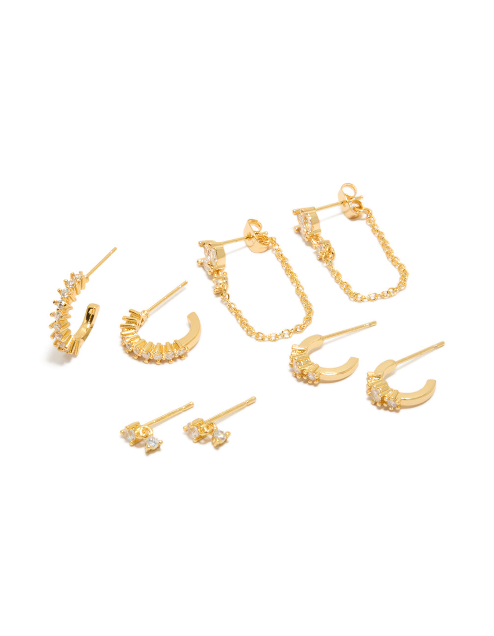 Featuring hoop closure cubic zirconia trio marquise chain earrings 4-pack in gold plated crystal front view