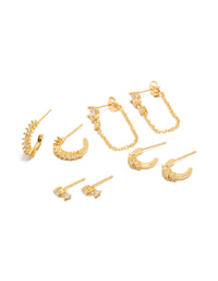 Featuring hoop closure cubic zirconia trio marquise chain earrings 4-pack in gold plated crystal front view - link has visual effect only