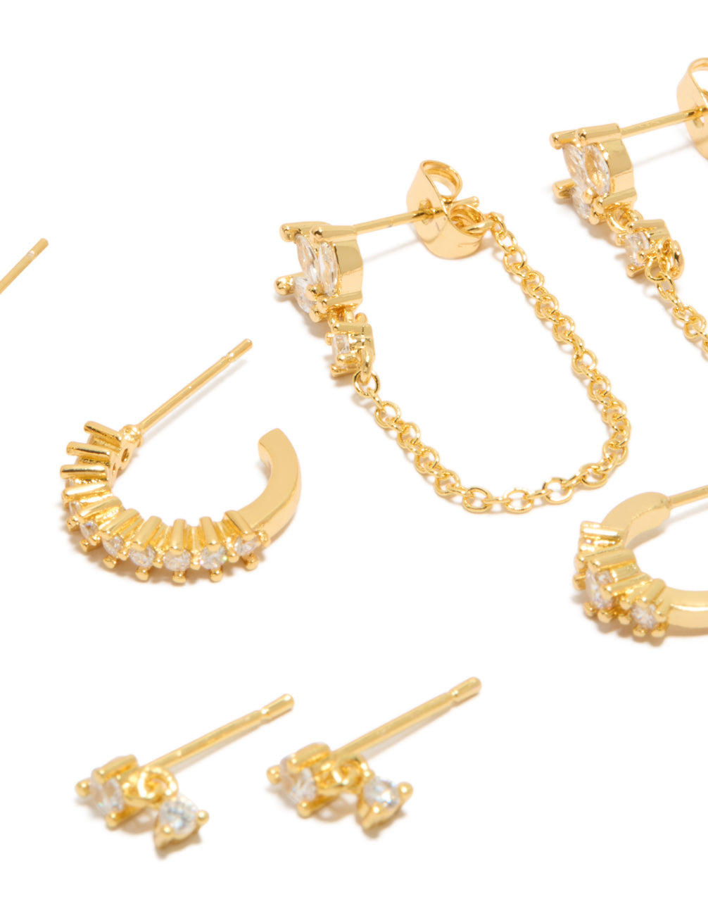 Showcasing hoop closure cubic zirconia trio marquise chain earrings 4-pack with gold plated crystal close up view