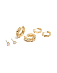 Gold Plated Cubic Zirconia Twist Mini Huggie & Stud Earrings 3-Pack - link has visual effect only