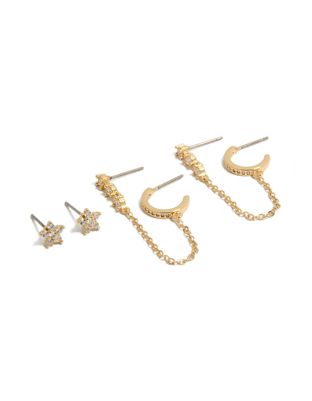 Featuring mini floral design, crafted from gold plated material in a 3-pack set including chain and stud closures front view